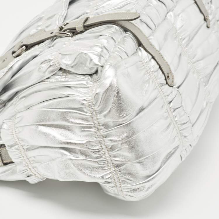 Pre Owned Prada Silver Gaufre Leather Buckle Flap Messenger Bag