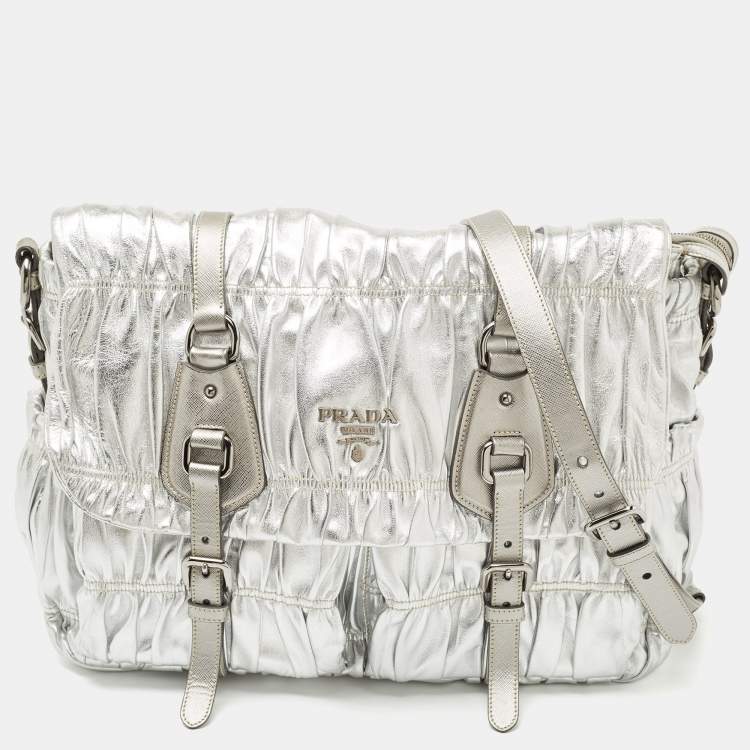 Pre Owned Prada Silver Gaufre Leather Buckle Flap Messenger Bag