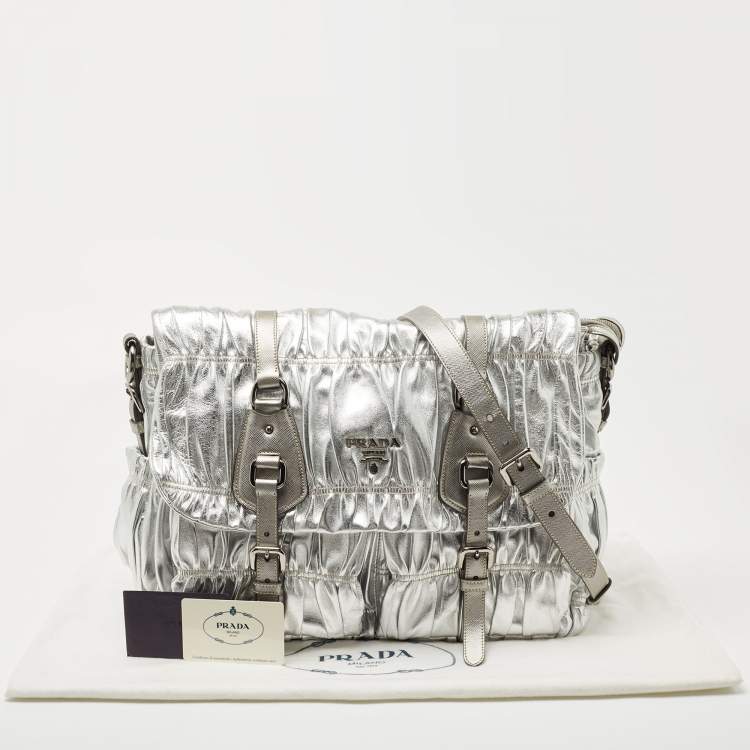 Pre Owned Prada Silver Gaufre Leather Buckle Flap Messenger Bag