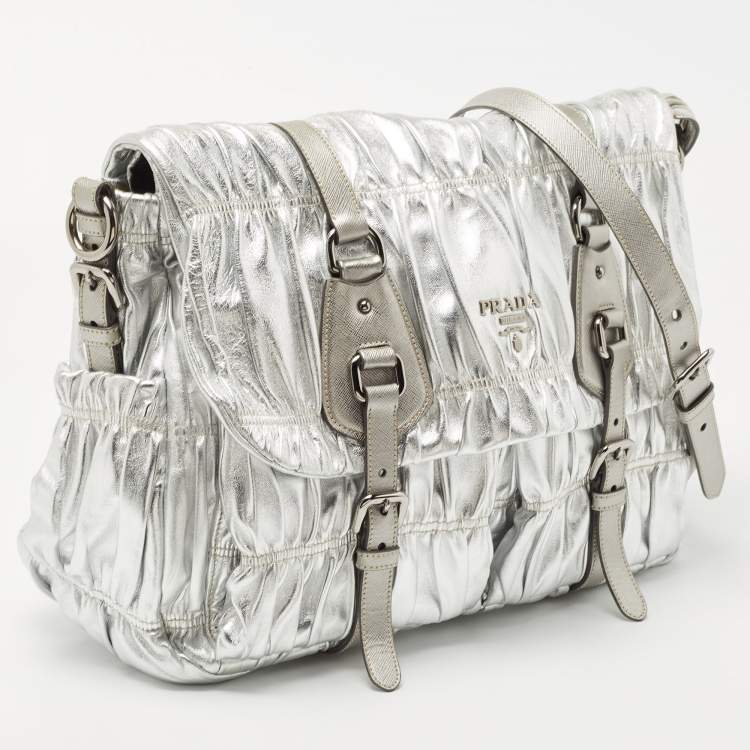 Pre Owned Prada Silver Gaufre Leather Buckle Flap Messenger Bag
