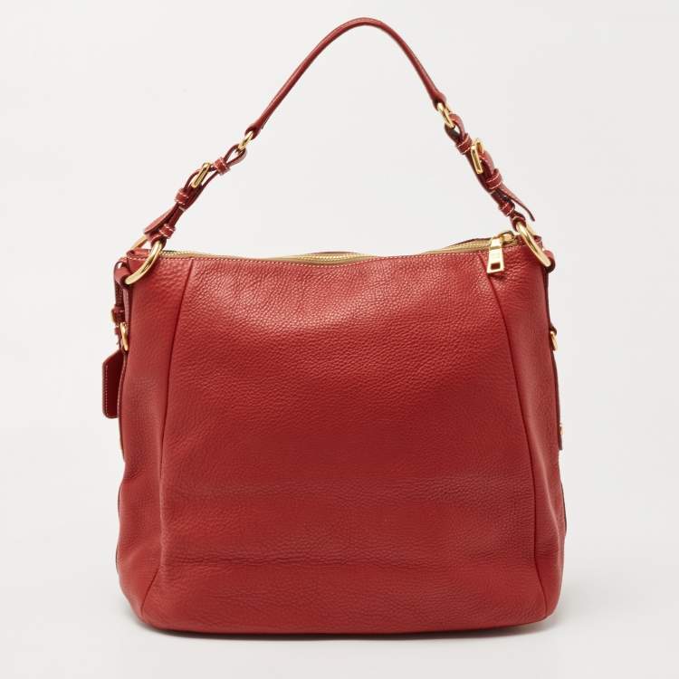 Pre Owned Prada Red Vitello Daino Leather Zip Hobo
