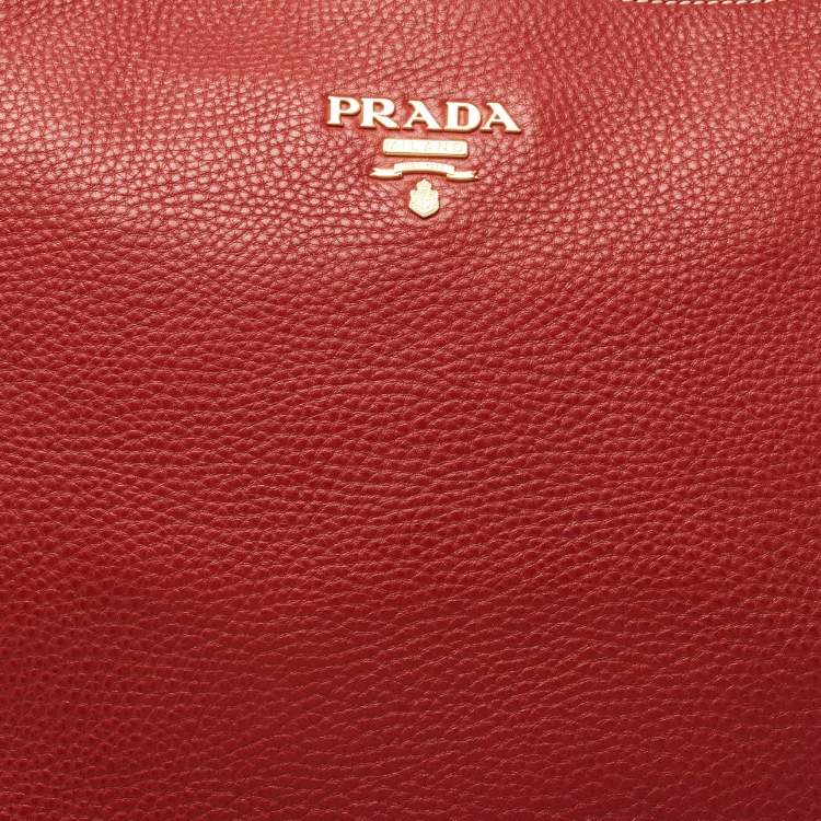 Pre Owned Prada Red Vitello Daino Leather Zip Hobo