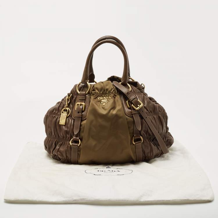 Pre Owned Prada Brown/Olive Green Gaufre Leather and Nylon Tote