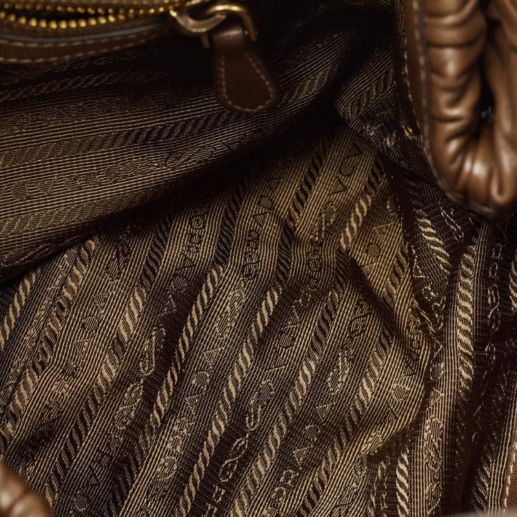 Pre Owned Prada Brown/Olive Green Gaufre Leather and Nylon Tote