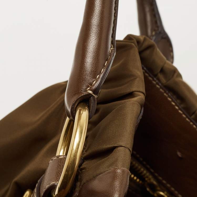 Pre Owned Prada Brown/Olive Green Gaufre Leather and Nylon Tote