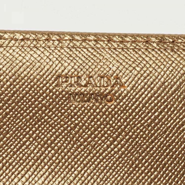 Pre Owned Prada Gold Saffiano Leather Pushlock Flap Wallet