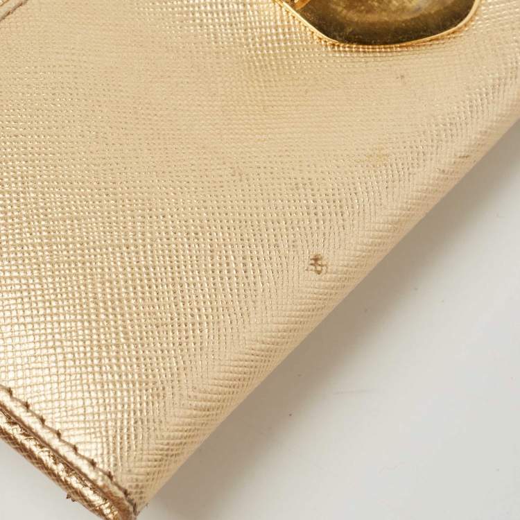 Pre Owned Prada Gold Saffiano Leather Pushlock Flap Wallet