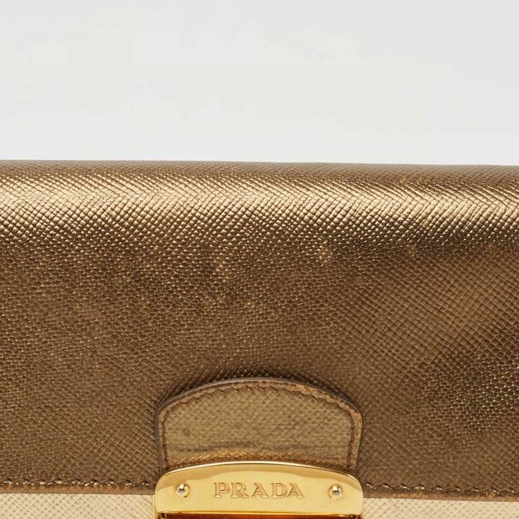 Pre Owned Prada Gold Saffiano Leather Pushlock Flap Wallet