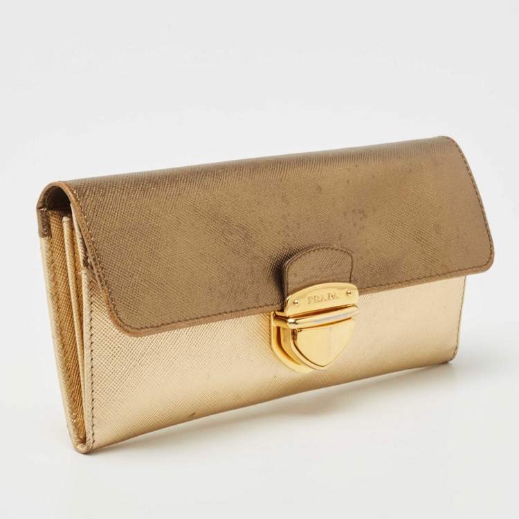 Pre Owned Prada Gold Saffiano Leather Pushlock Flap Wallet