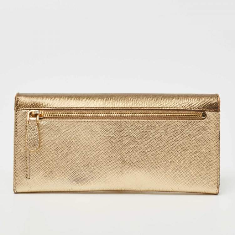 Pre Owned Prada Gold Saffiano Leather Pushlock Flap Wallet
