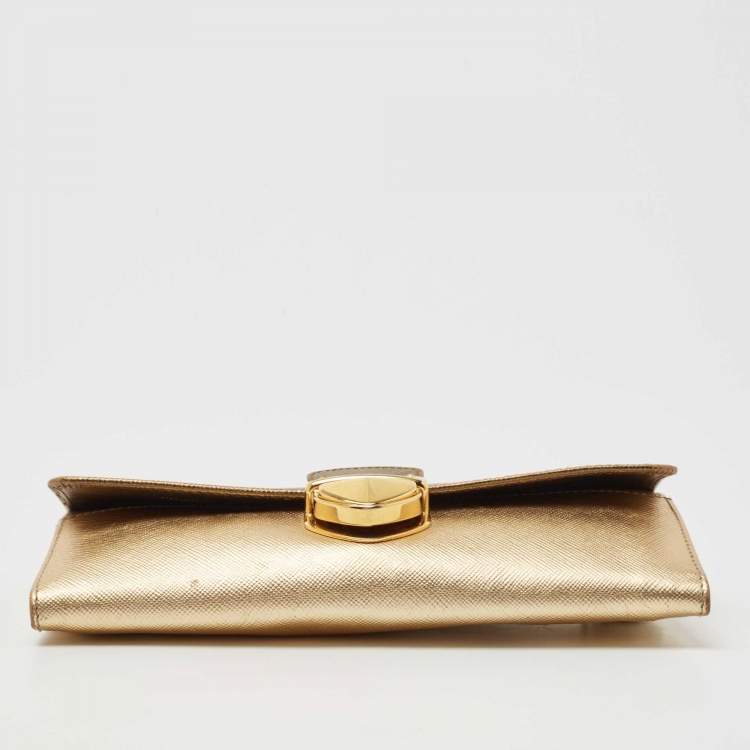 Pre Owned Prada Gold Saffiano Leather Pushlock Flap Wallet