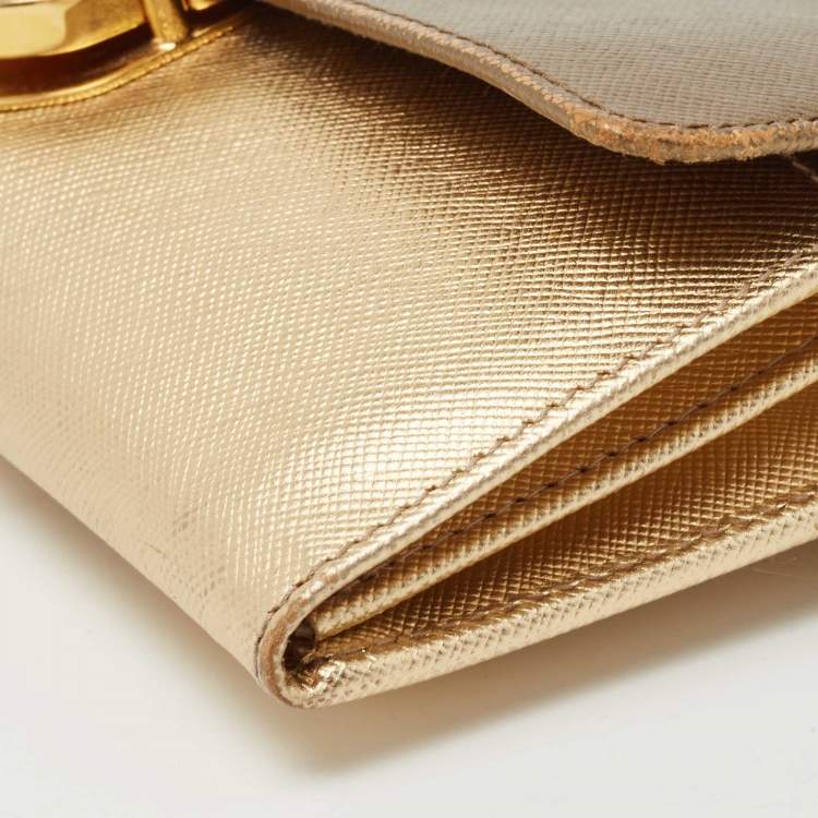 Pre Owned Prada Gold Saffiano Leather Pushlock Flap Wallet