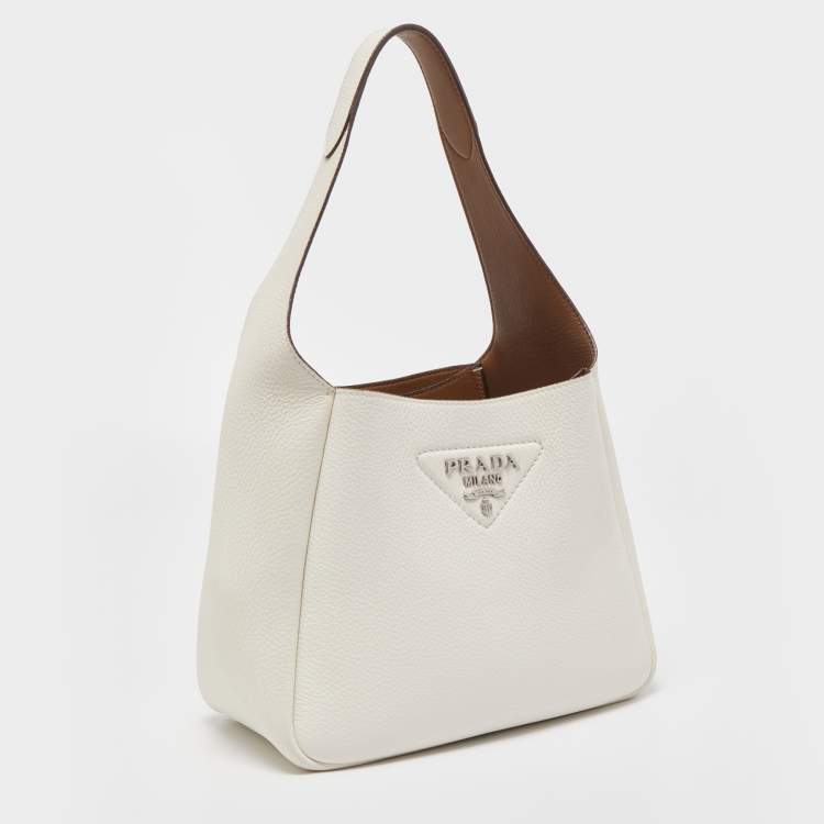Pre Owned Prada Chalk White Leather Logo Hobo