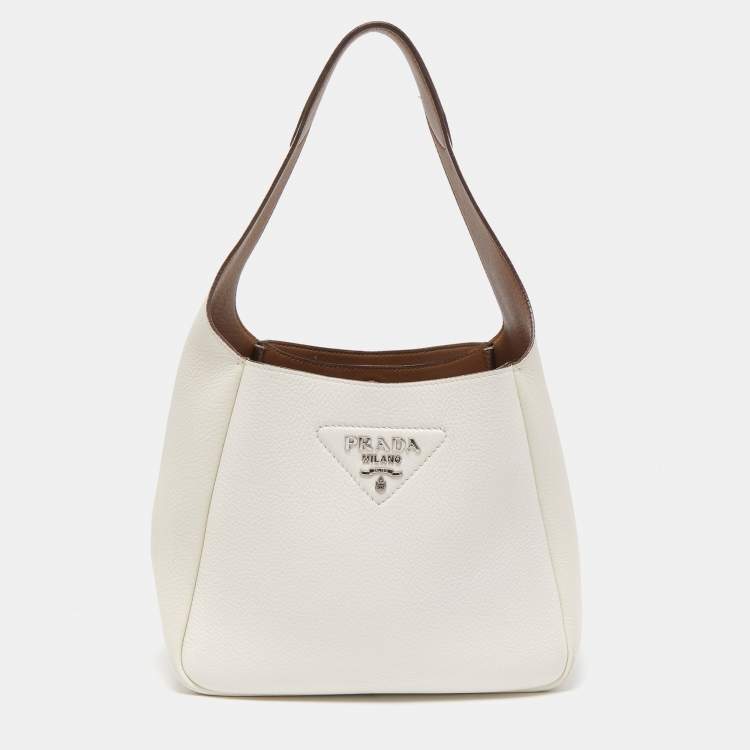 Pre Owned Prada Chalk White Leather Logo Hobo