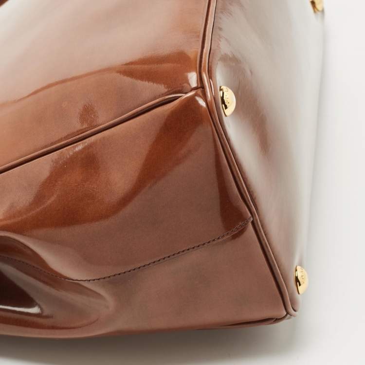 Pre Owned Prada Brown Marble Effect Patent Leather Medium Double Zip Tote