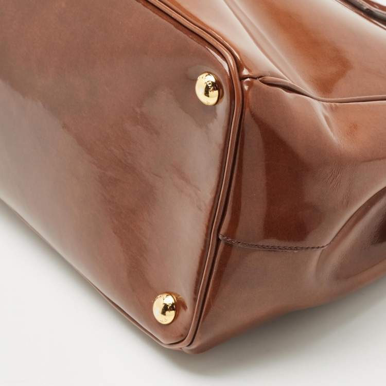 Pre Owned Prada Brown Marble Effect Patent Leather Medium Double Zip Tote