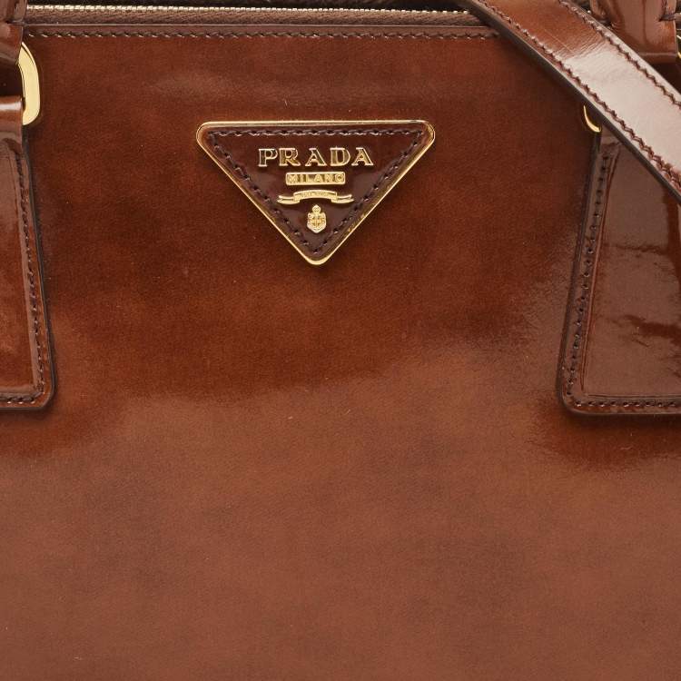 Pre Owned Prada Brown Marble Effect Patent Leather Medium Double Zip Tote