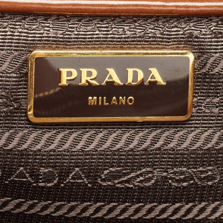 Pre Owned Prada Brown Marble Effect Patent Leather Medium Double Zip Tote