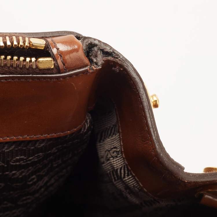 Pre Owned Prada Brown Marble Effect Patent Leather Medium Double Zip Tote