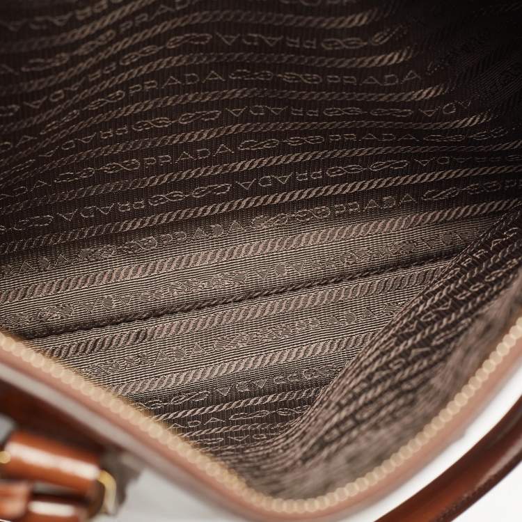 Pre Owned Prada Brown Marble Effect Patent Leather Medium Double Zip Tote