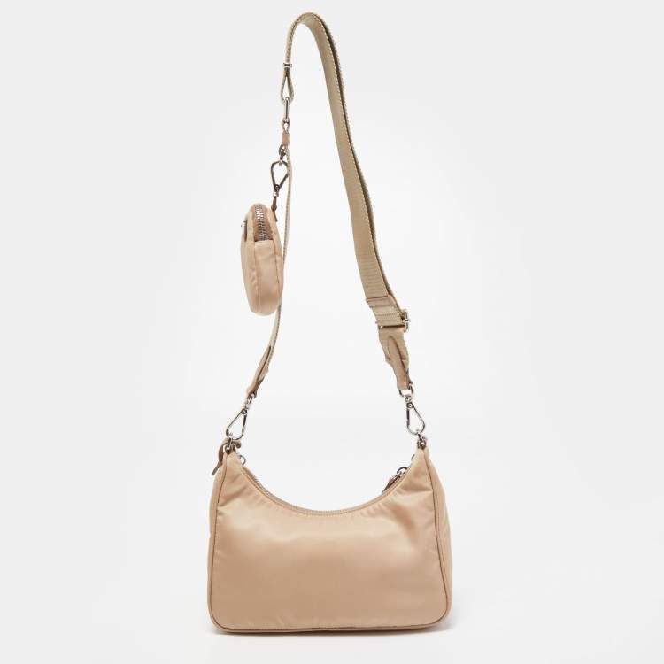 Pre Owned Prada Beige Nylon and Leather Re-Edition 2005 Baguette Bag