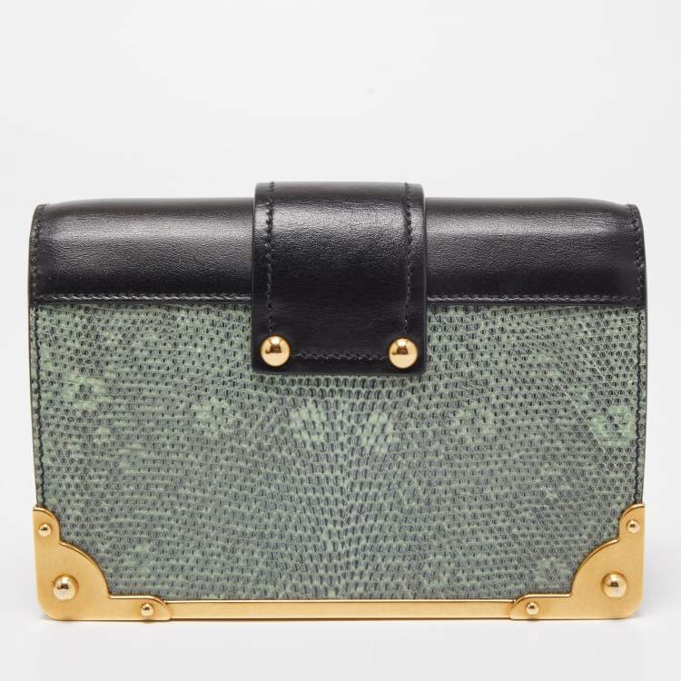 Pre Owned Prada Black/Green Leather and Lizard Cahier Shoulder Bag