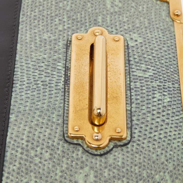 Pre Owned Prada Black/Green Leather and Lizard Cahier Shoulder Bag