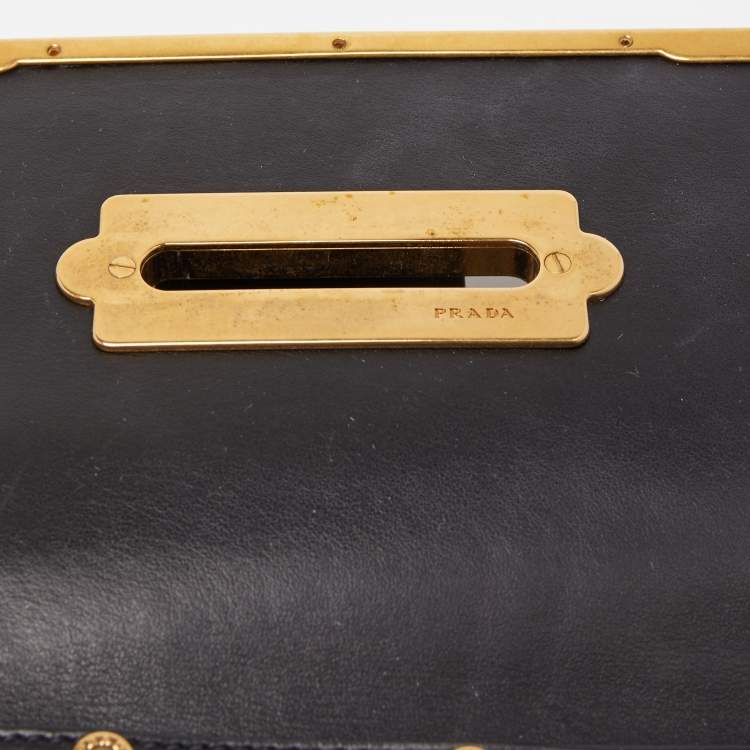 Pre Owned Prada Black/Green Leather and Lizard Cahier Shoulder Bag