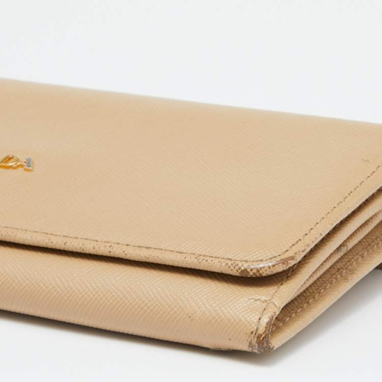 Pre Owned Prada Beige Saffiano Leather Flap Continental Wallet