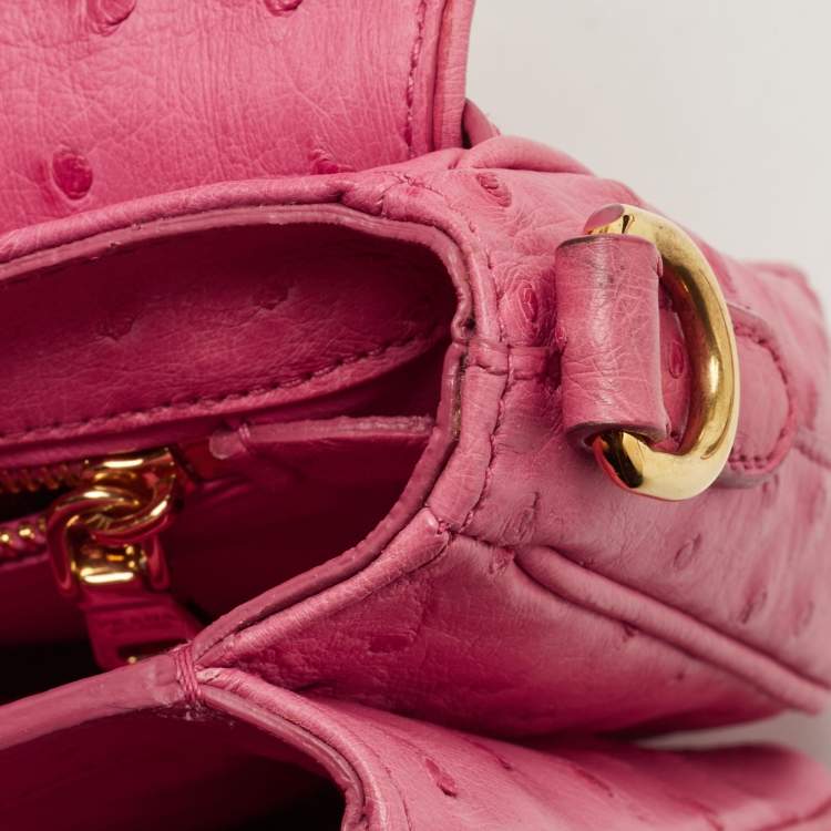 Pre Owned Prada Pink Ostrich Leather Mini Sound Top Handle Bag