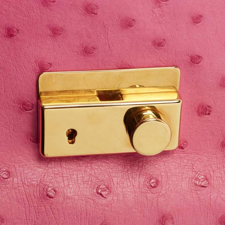 Pre Owned Prada Pink Ostrich Leather Mini Sound Top Handle Bag