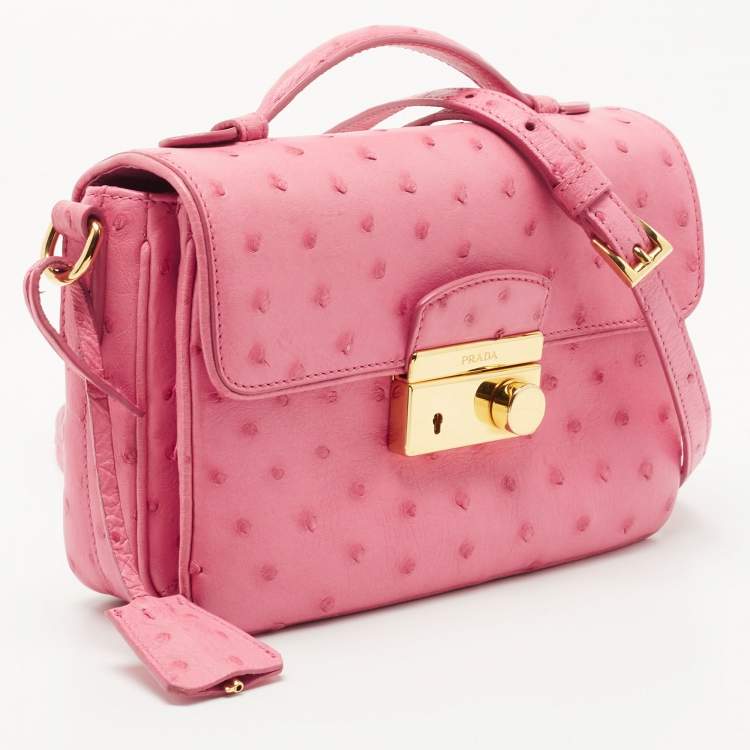 Pre Owned Prada Pink Ostrich Leather Mini Sound Top Handle Bag