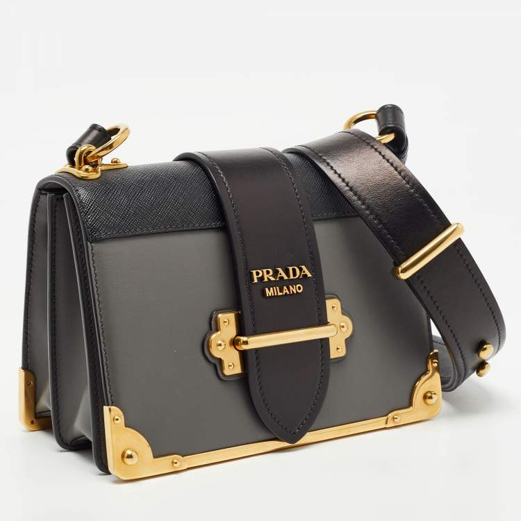 Pre Owned Prada Black/Grey Saffiano Leather Cahier Flap Shoulder Bag