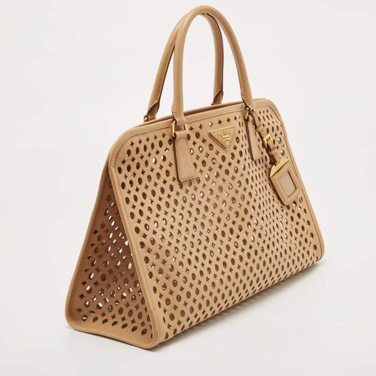 Pre Owned Prada Beige Saffiano Lux Leather Perforated Satchel