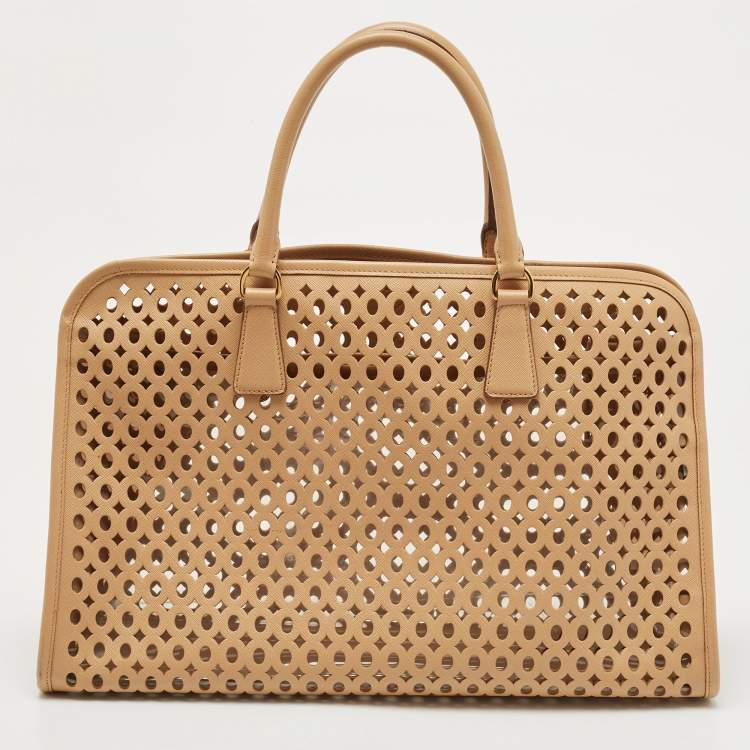 Pre Owned Prada Beige Saffiano Lux Leather Perforated Satchel