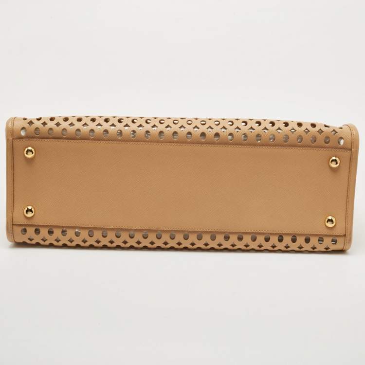 Pre Owned Prada Beige Saffiano Lux Leather Perforated Satchel