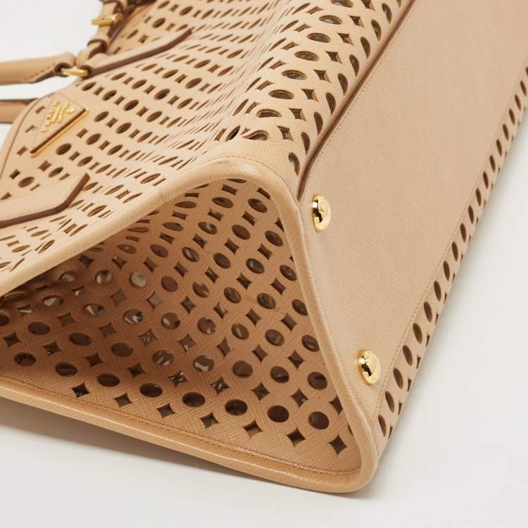 Pre Owned Prada Beige Saffiano Lux Leather Perforated Satchel