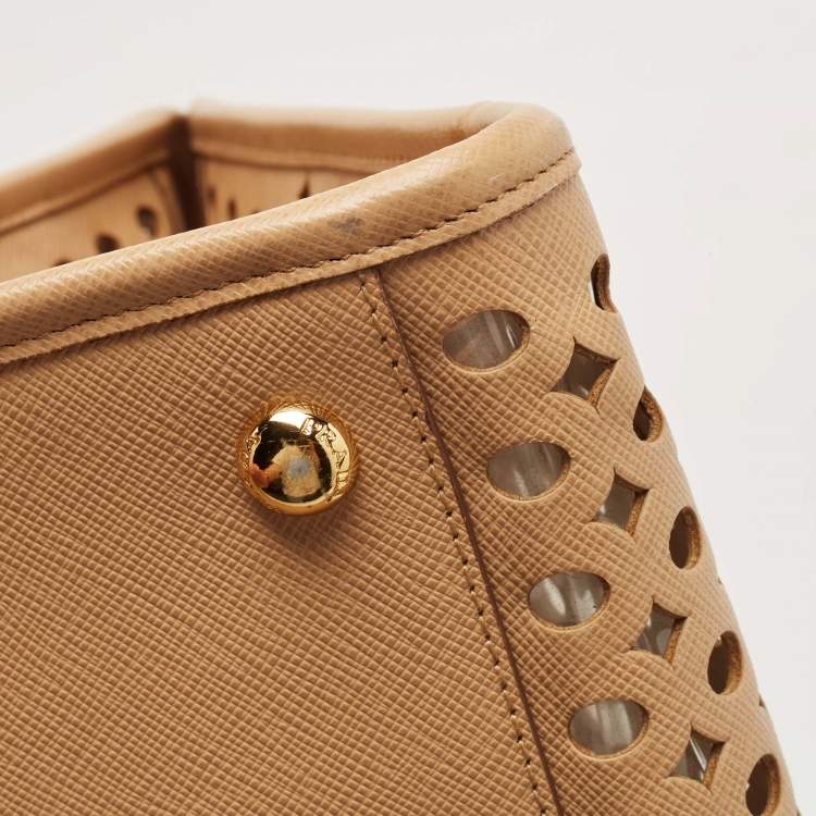 Pre Owned Prada Beige Saffiano Lux Leather Perforated Satchel