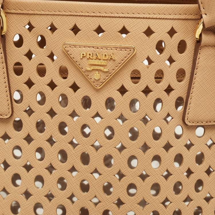 Pre Owned Prada Beige Saffiano Lux Leather Perforated Satchel