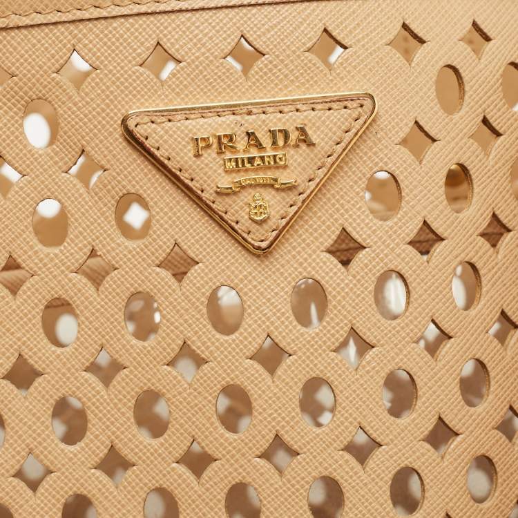 Pre Owned Prada Beige Saffiano Lux Leather Perforated Satchel