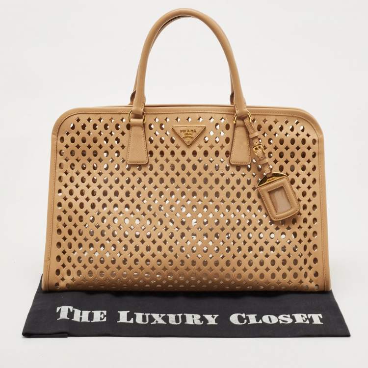 Pre Owned Prada Beige Saffiano Lux Leather Perforated Satchel