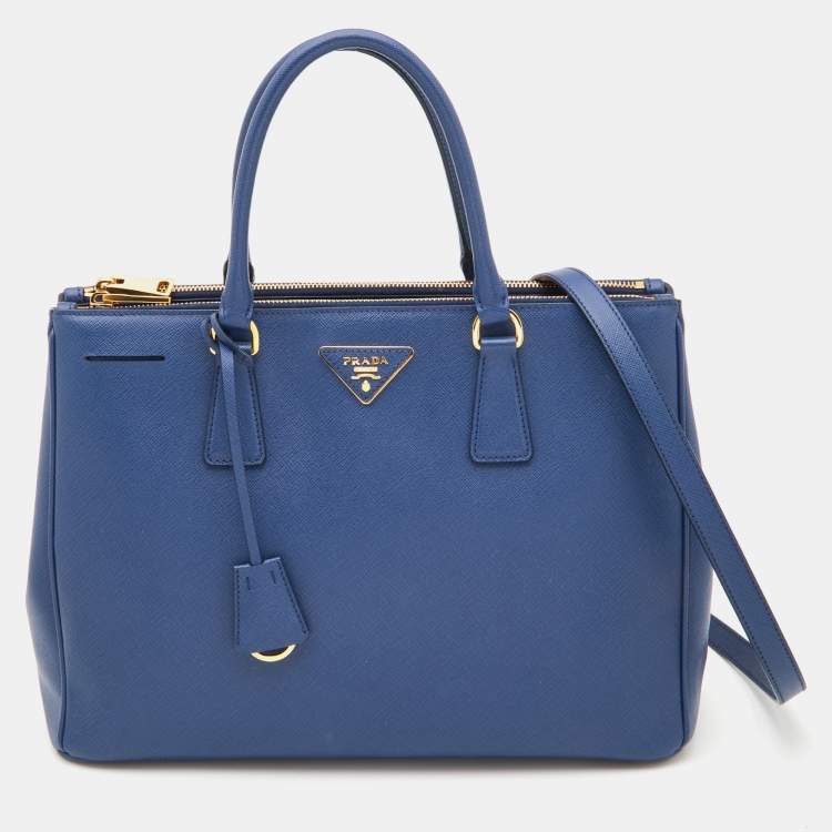 Pre Owned Prada Blue Saffiano Lux Leather Medium Galleria Double Zip Tote