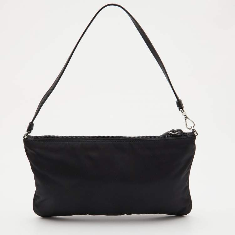 Pre Owned Prada Black Tessuto Nylon and Leather Wristlet Clutch Bag