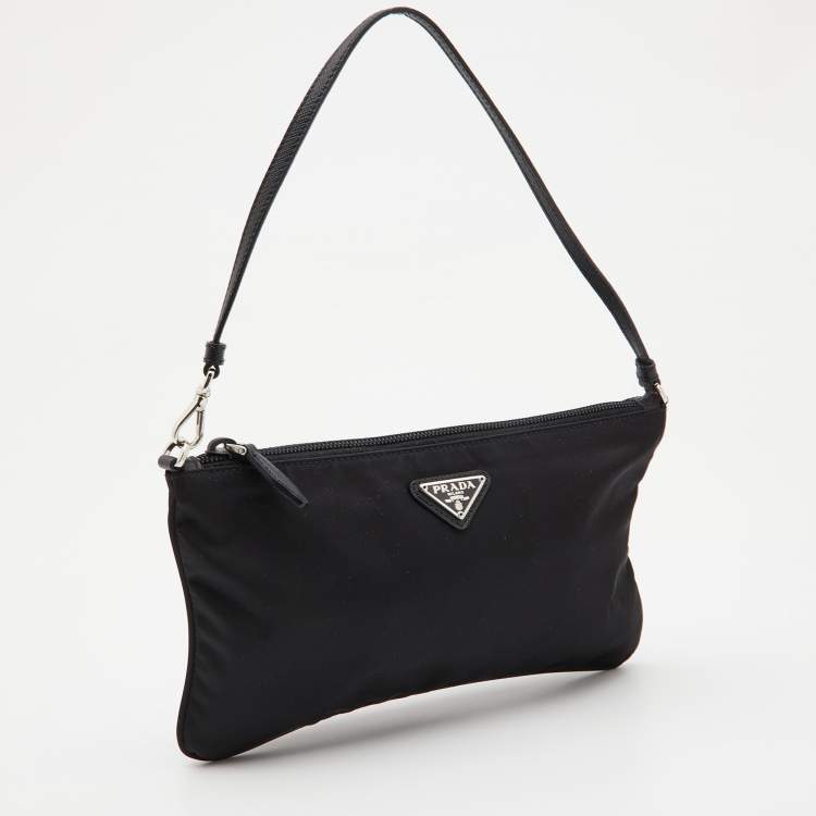 Pre Owned Prada Black Tessuto Nylon and Leather Wristlet Clutch Bag