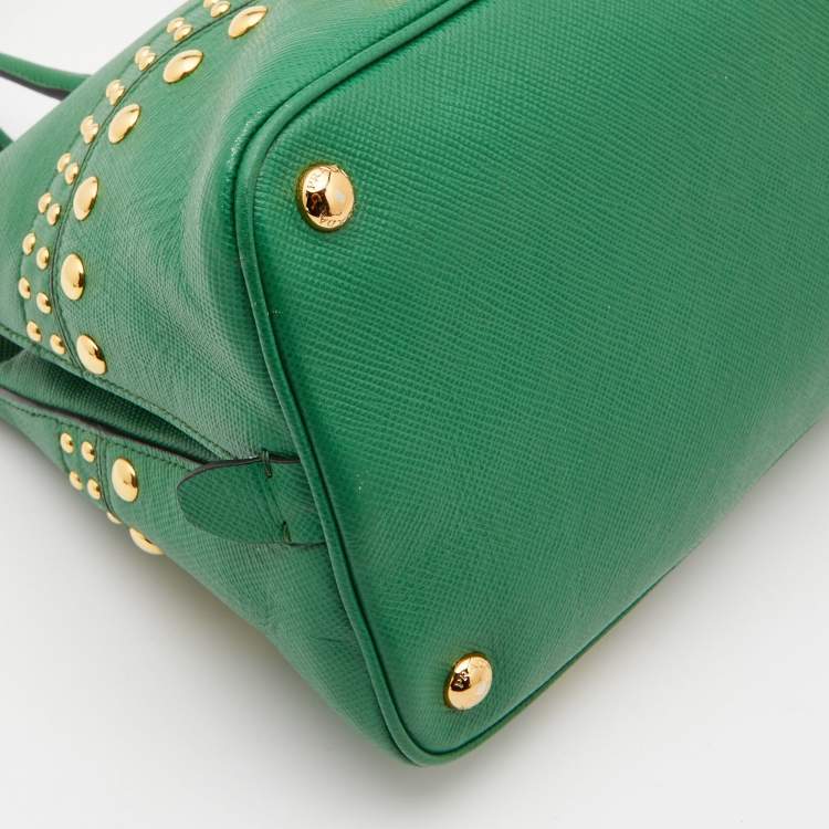 Pre Owned Prada Green Saffiano Leather Promenade Studded Satchel
