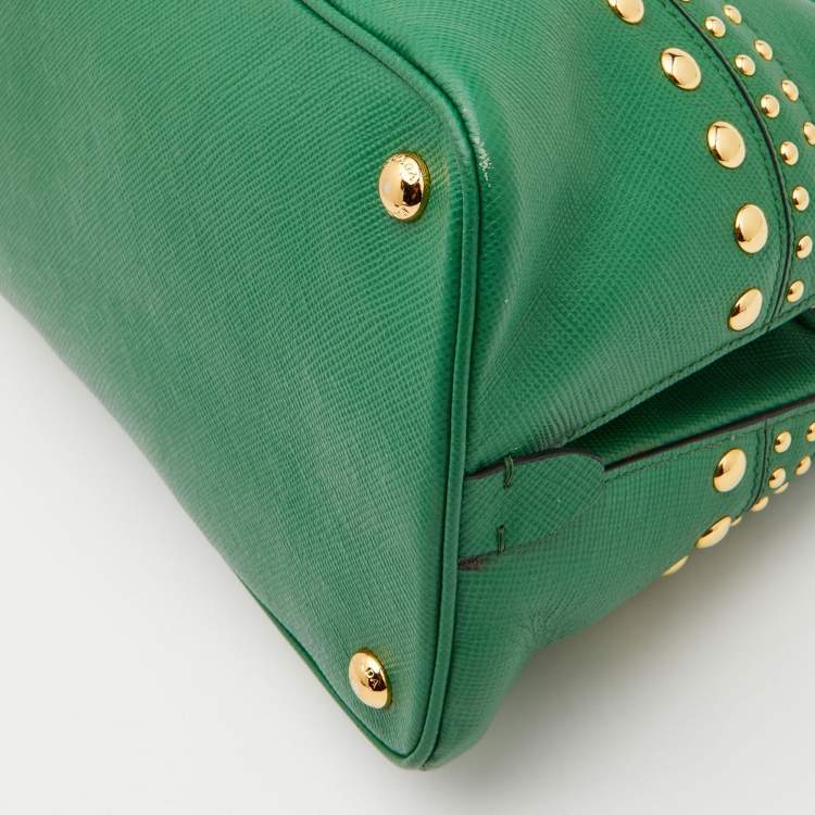Pre Owned Prada Green Saffiano Leather Promenade Studded Satchel
