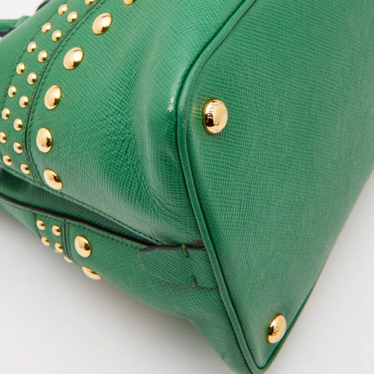 Pre Owned Prada Green Saffiano Leather Promenade Studded Satchel