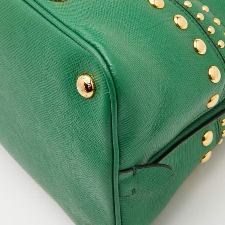 Pre Owned Prada Green Saffiano Leather Promenade Studded Satchel