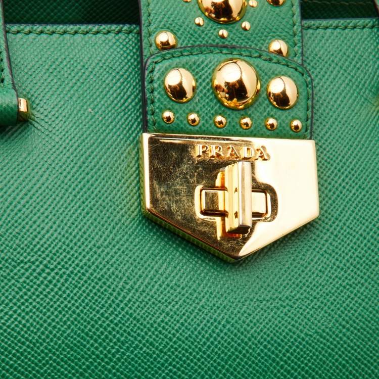 Pre Owned Prada Green Saffiano Leather Promenade Studded Satchel