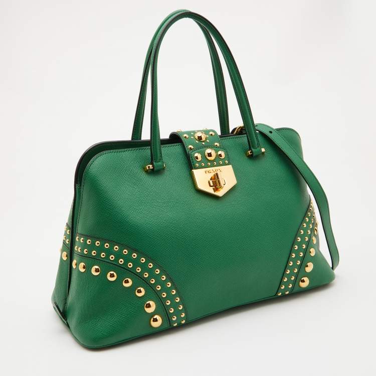 Pre Owned Prada Green Saffiano Leather Promenade Studded Satchel